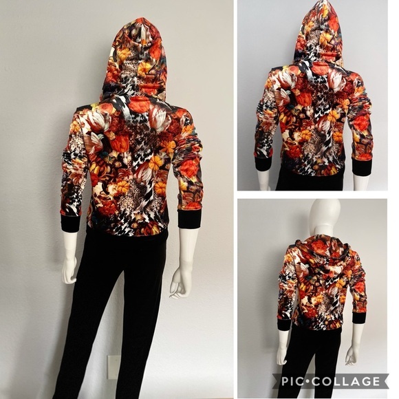 NWT WOMEN VELOUR TRACKSUIT SET JACKET/BLACK PANTS FLORAL PRINT LOUNGEWEAR HOODED - Picture 2 of 11